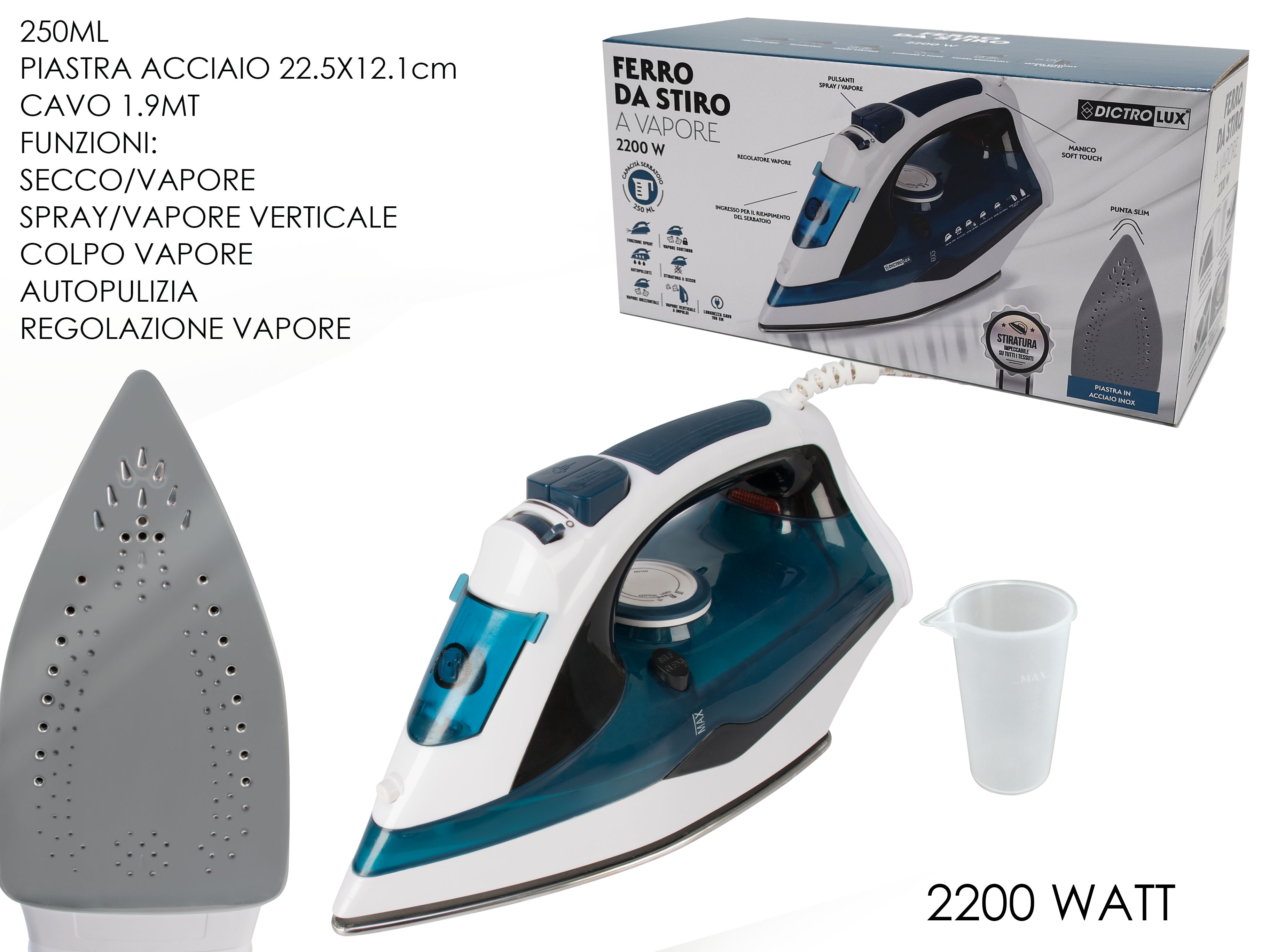 FERRO DA STIRO 2200W ACCIAIO BIA/BLU    
